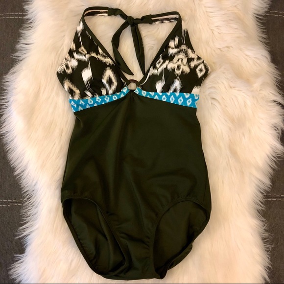 ✅ SOLD! Merona Olive Green Tie Neck One Piece - Picture 2 of 10